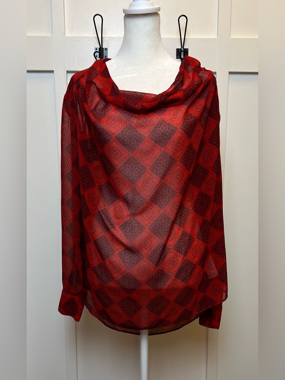 Cabi Size Small Sheer Red Blouse Cowl Neck Pullover 3/4 Button Sleeves Poet AOP
